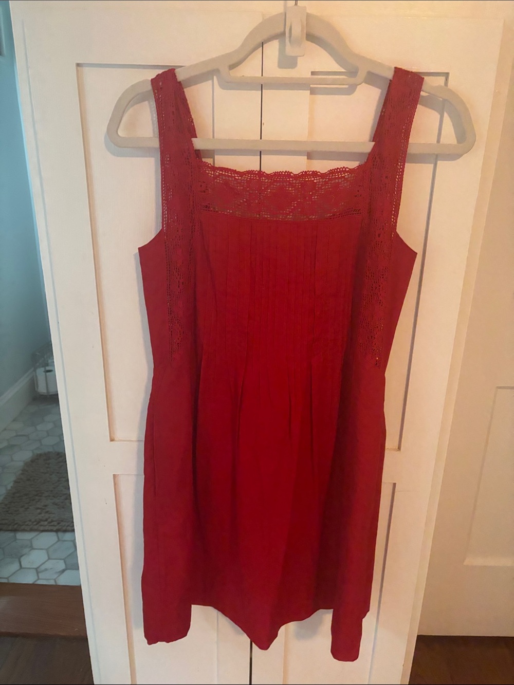 Madewell Sleeveless Red Crochet-Trim Mini Dress with pockets